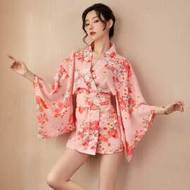 暴丹情趣内衣日系印花开襟粉色家居性感诱惑和服套装表演服代发