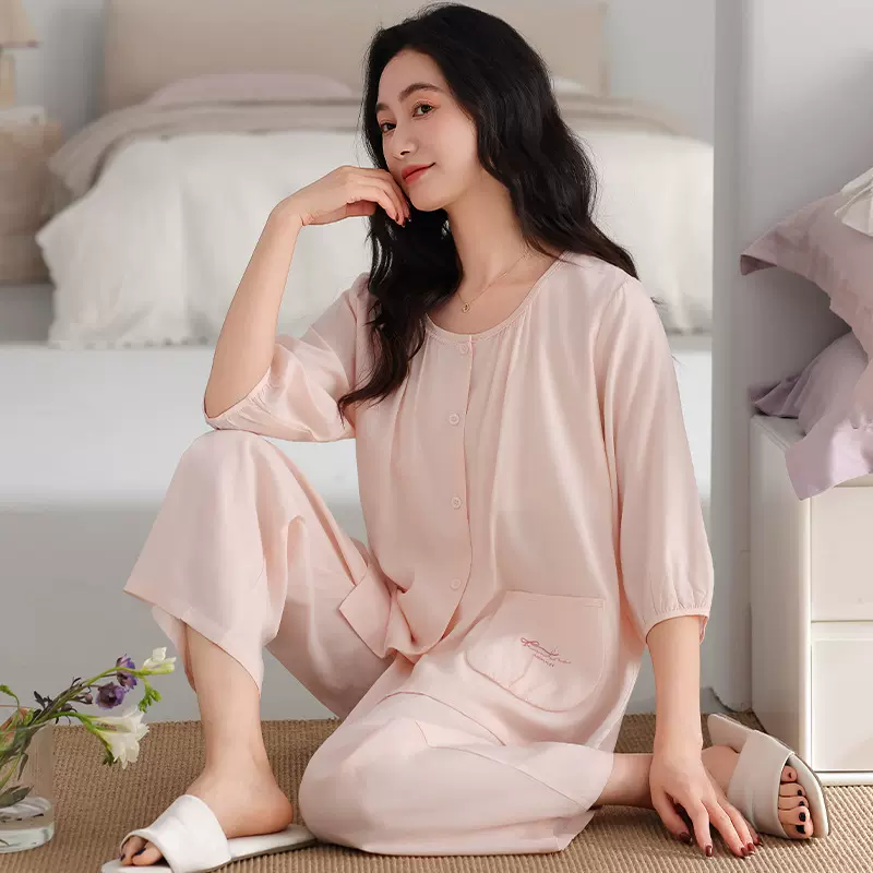 带胸垫睡衣女夏款莱赛尔七分袖大码简约薄款夏季中年妈妈家居服