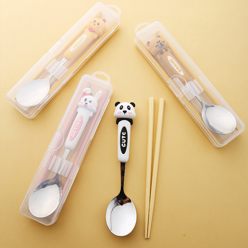 Panda Cartoon Cuchara 304 Acero inoxidable para estudiantes para comer palillos cuchara todo en uno Vajilla portátil de alta calidad