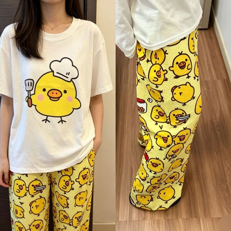 Round Neck Top + Cloud Cotton Long Pants Fashion Set for Women, Cartoon Nose-Picking Chicken Pure Cotton Short-Sleeve Student Casual Pajamas Round Neck Top + Cloud Cotton Long Pants Fashion Set for Women, Cartoon Nose-Picking Chicken Pure Cotton Short-Sleeve Student Casual Pajamas