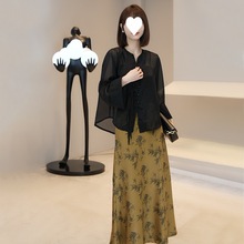 官图 新中式国风套装2024夏季新款超好看上衣黑色防晒衬衫半身裙
