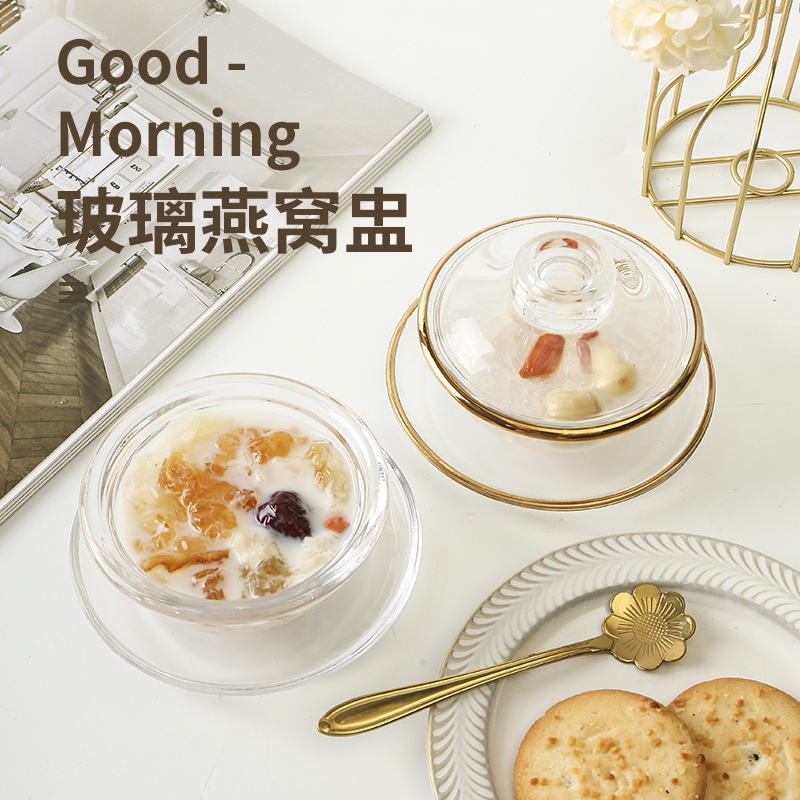 Japanese-style household creative three-piece glass bowl with lid transparent bird's nest bowl with golden edge glass bird's nest suit