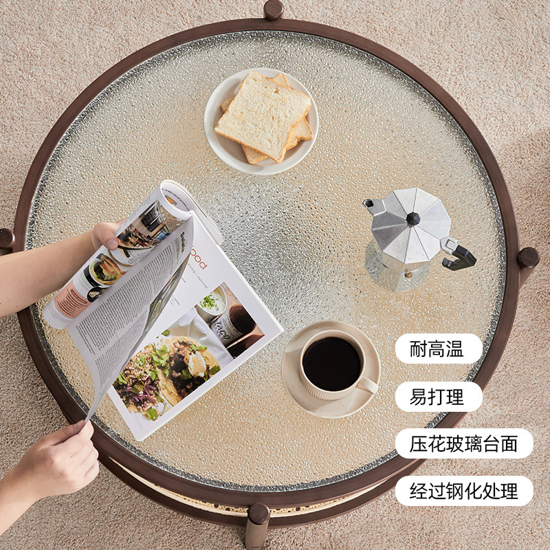 Mesa de café cristal redonda combinación casa pequeño apartamento sala estar simple sofá lado varios ratán tejido neto rojo creativo pequeña mesa redonda