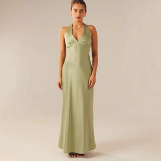 纯色缎面无袖V领挂脖连衣裙女2025夏季新款性感露背绑带修身长裙