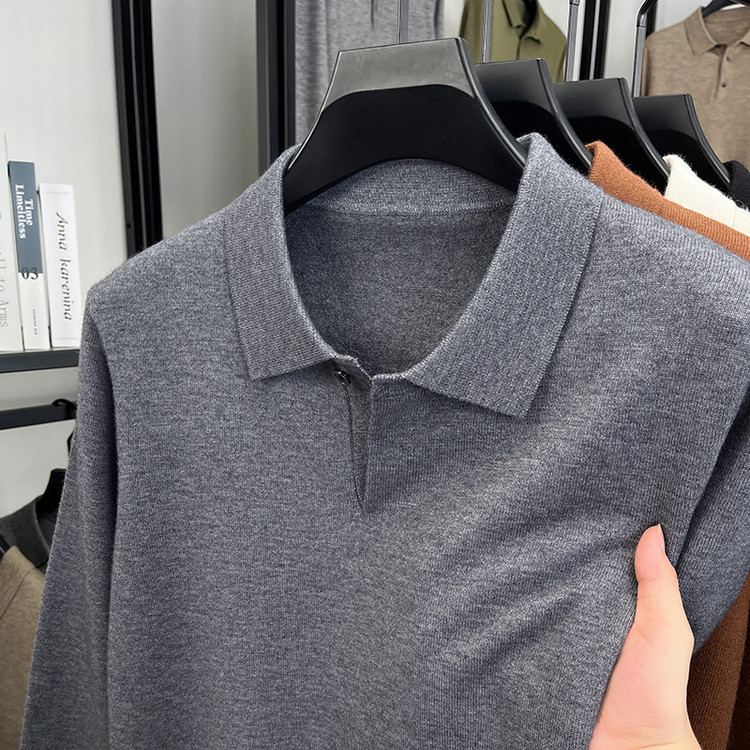 Polo de color sólido para hombres otoño y invierno moda jacquard camiseta de regazo de manga larga regazo nuevo suéter de hombre casual