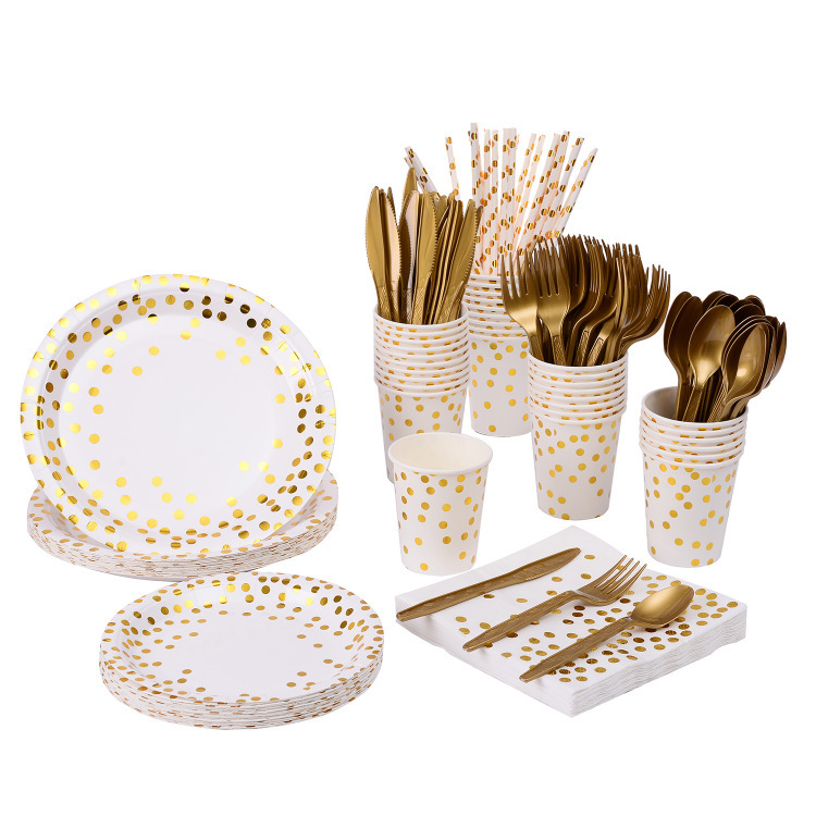 Yaosheng Paper Tableware Bronzing Polka Dot Set Series party Disposable Plate Paper Cup Paper Towel Knife and Fork Spoon Straw