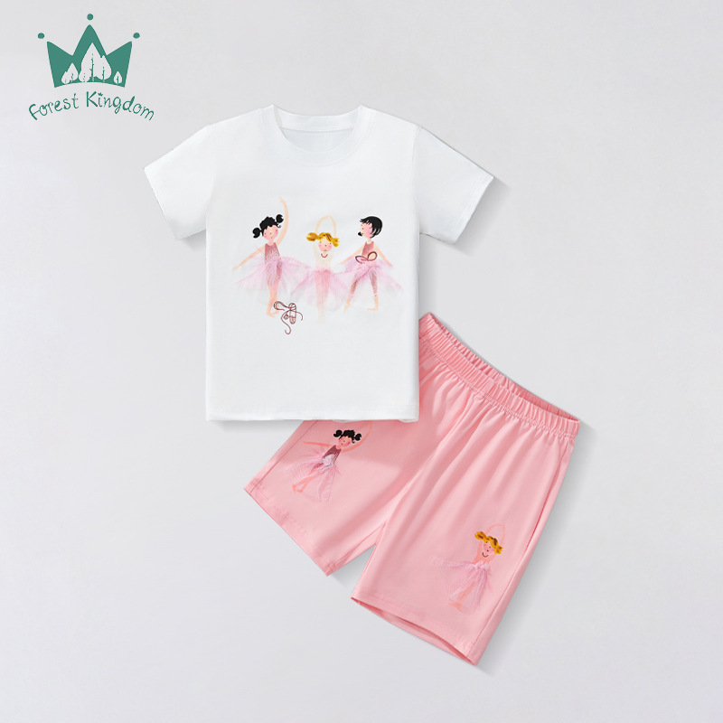 Traje de verano para niños, top, pantalón, traje de dos piezas, pantalones cortos casuales de manga corta para niñas 2025, ropa para niños de estilo europeo y americano al por mayor