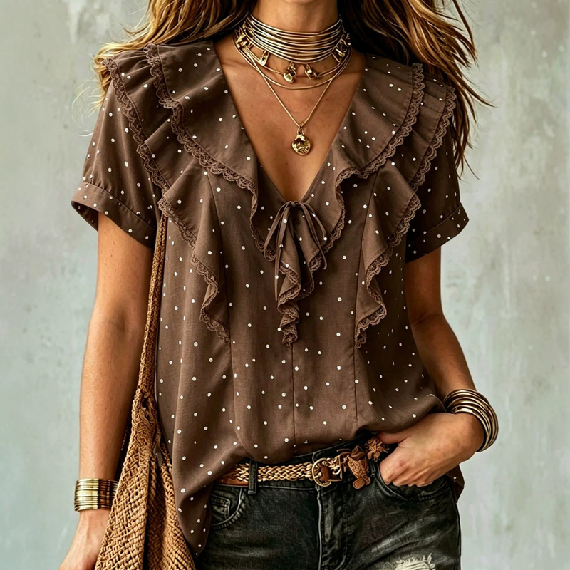 European and American style pastoral polka dot shirt with V-neck, double-layered ruffle lace trim, tie-dye, loose-fitting, short-sleeved top European and American style pastoral polka dot shirt with V-neck, double-layered ruffle lace trim, tie-dye, loose-fitting, short-sleeved top