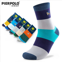 精品男袜精疏棉200N刺绣男袜PIER POLO彩色大横条男士中筒袜批发