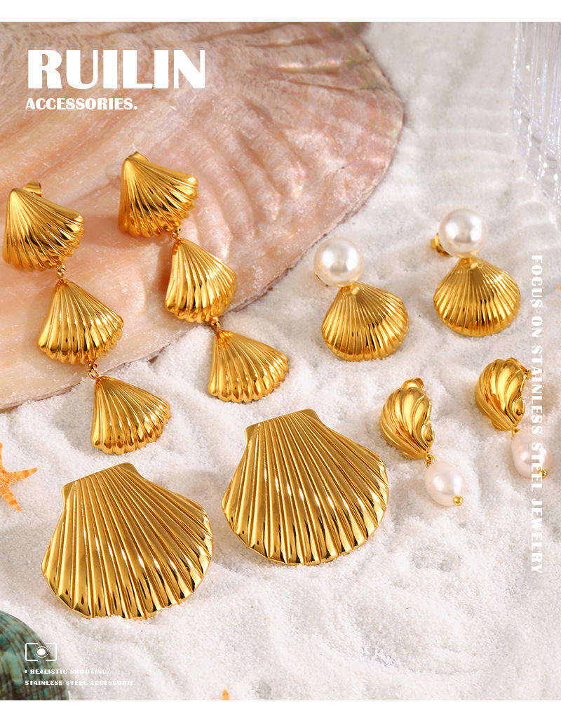17g Weight Ion Plating (IP) Gold Plating Process 304 Stainless Steel Ear Needle Material Drop Earrings Classification 1 Pair Quantity 1 Pair Marine Style Simple Style Shell Plating 304 Stainless Steel Drop Earrings