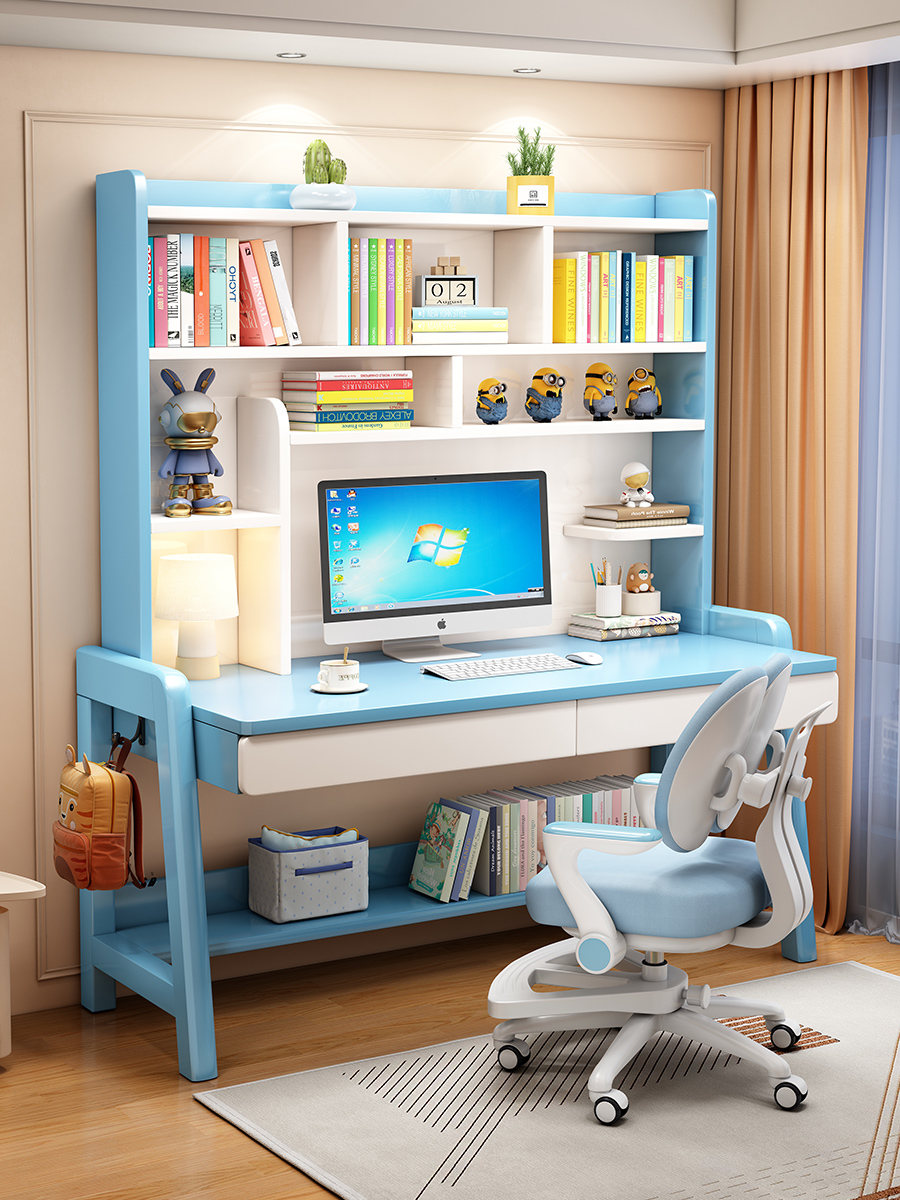 Solid Wood Children's Study Table Bedroom Liftable Student Writing Desk Study Desk with Bookshelf Simple Desk and Chair