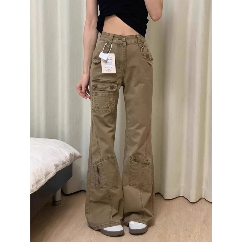 American Style Retro khaki Micro-Laptop Cargo Pants New Design Sense Straight Loose Wide-leg Cargo Jeans Straight