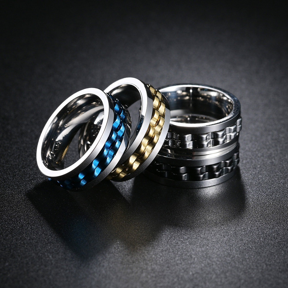 PVD Coated Gold Plating Process Gold Plated Plating Material Hip-Hop Geometric 304 Stainless Steel Plating Chain Gold Plated PVD Coated Men'S Rings Men Band Rings
