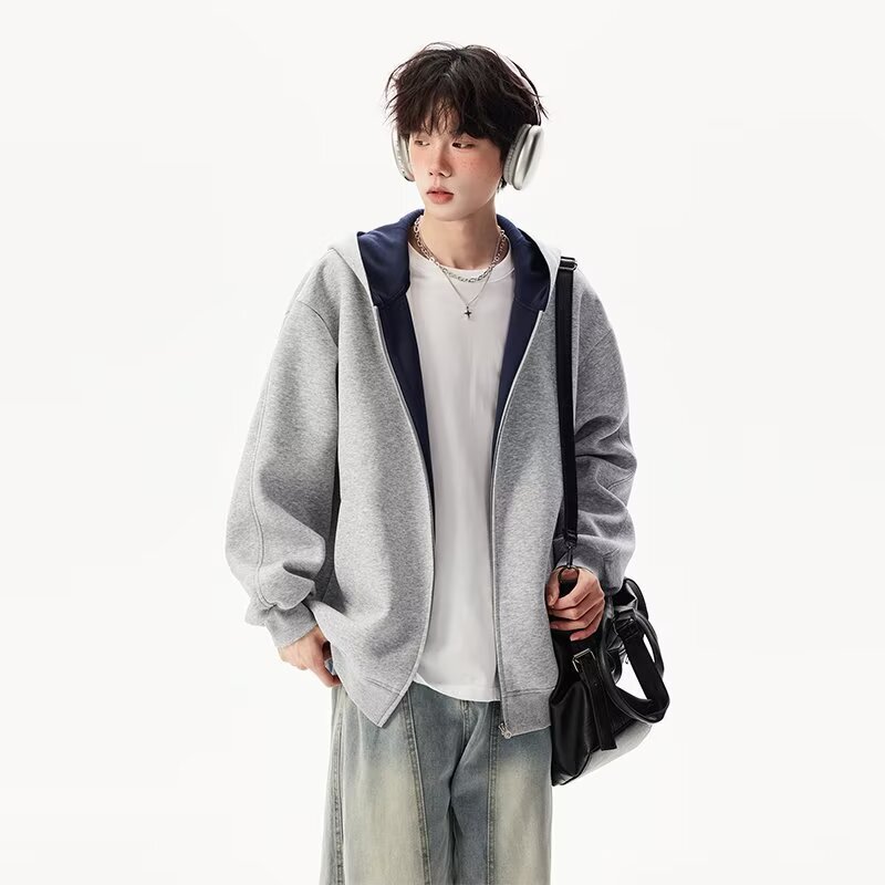 American-Style 460g Heavyweight Chinese Cotton Double-Color Heavy Zipper Hooded Sweatshirt Boxy Men's and Women's Autumn and Winter Cardigan Jacket