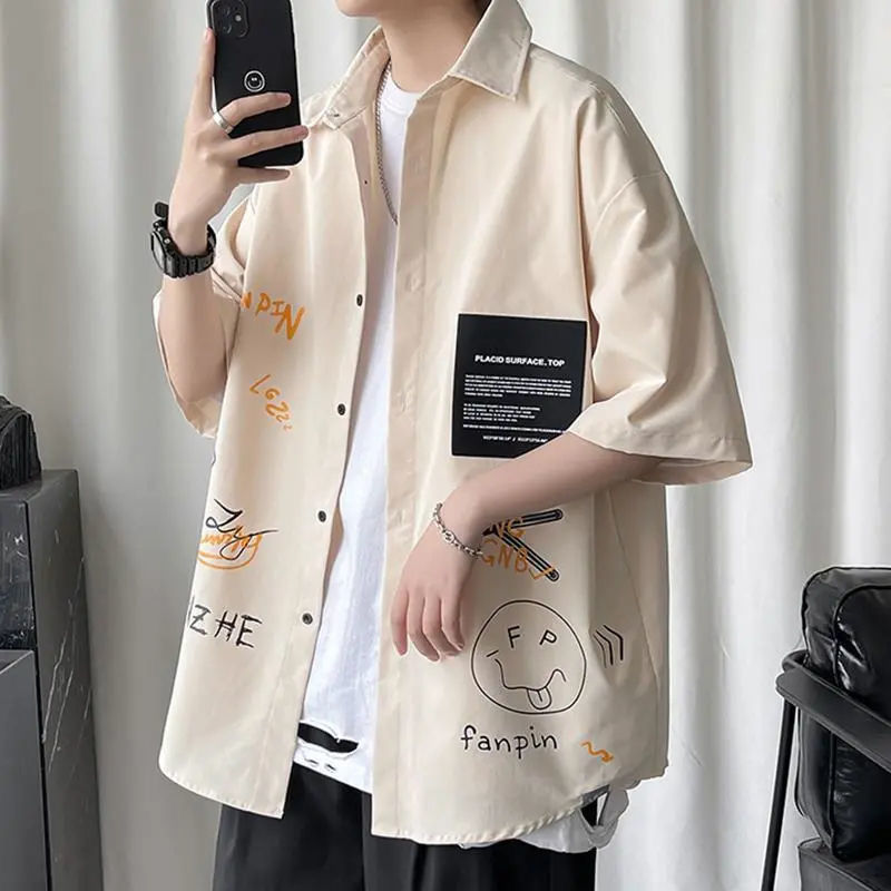 Japanese-style Hong Kong-style Shirt Men's Ins Summer Casual All-match Short-sleeved Graffiti Printed Trendy Shirt Short-sleeved Trendy Jacket