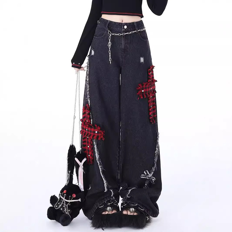 Rock Punk Ripped Straight Leg Jeans Women's Spring New High Waist Loose Embroidered Pendant