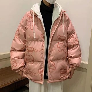 羽绒棉服加厚冬季青少年假两件森系情侣款宽松棉袄小白熊连帽外套