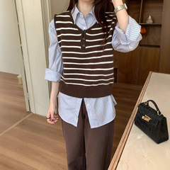 韩系撞色条纹针织马甲女秋季2025新款休闲外搭叠穿无袖背心上衣