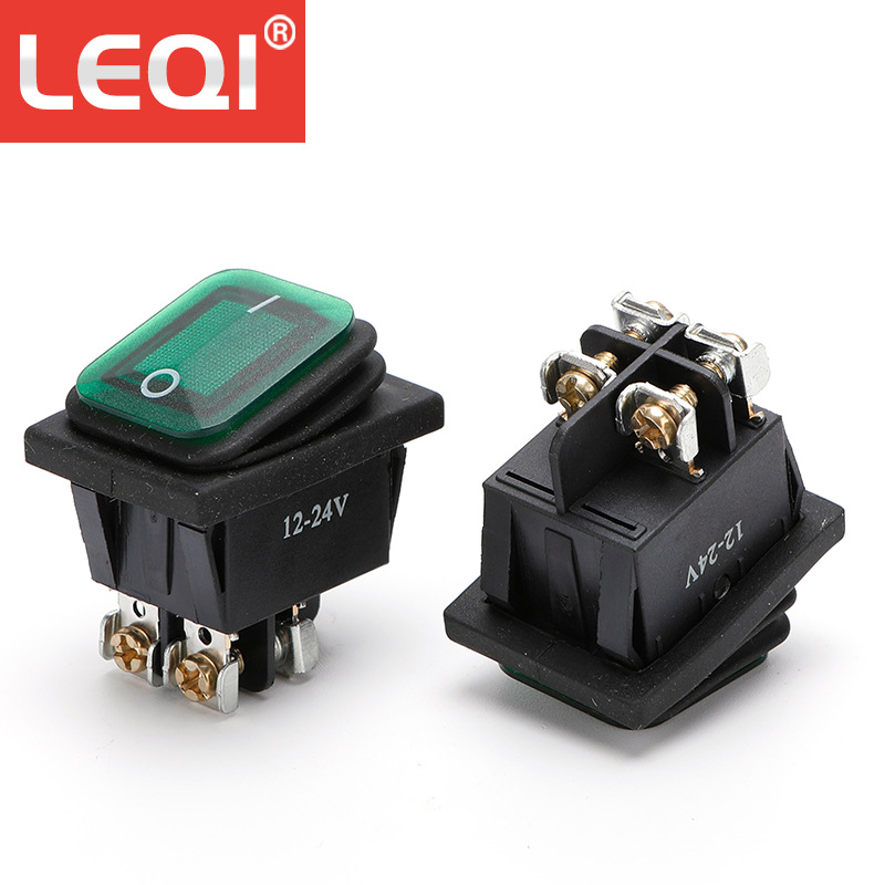 螺丝脚防水船型开关KCD4带灯2档4脚 绿盖12V电源翘板螺丝接线