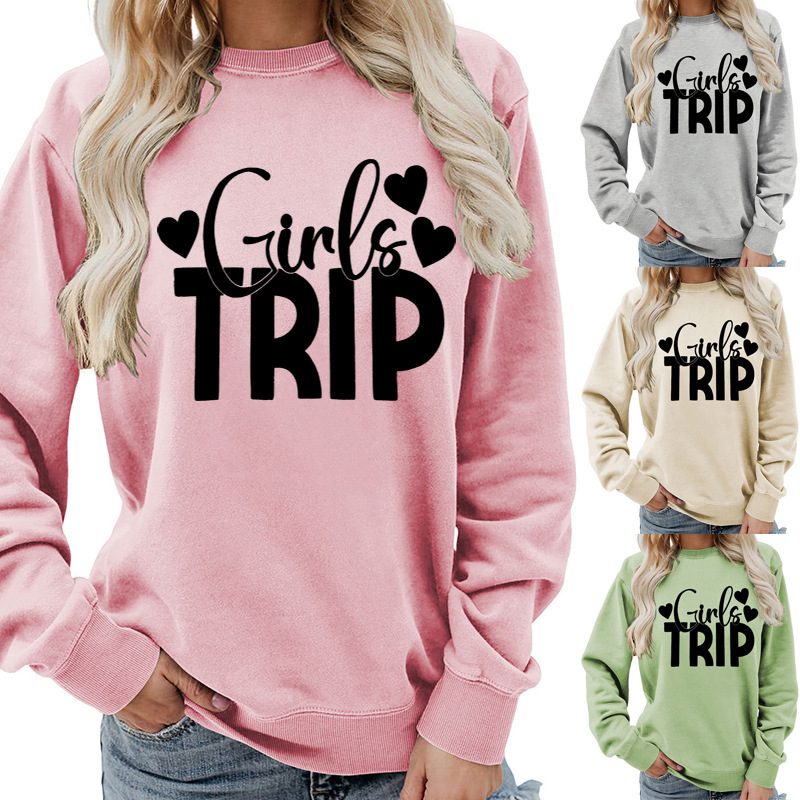 Cross-border European and American girls trip printed round neck women's top sweater autumn and winter coat casual loose European size Cross-border European and American girls trip printed round neck women's top sweater autumn and winter coat casual loose European size