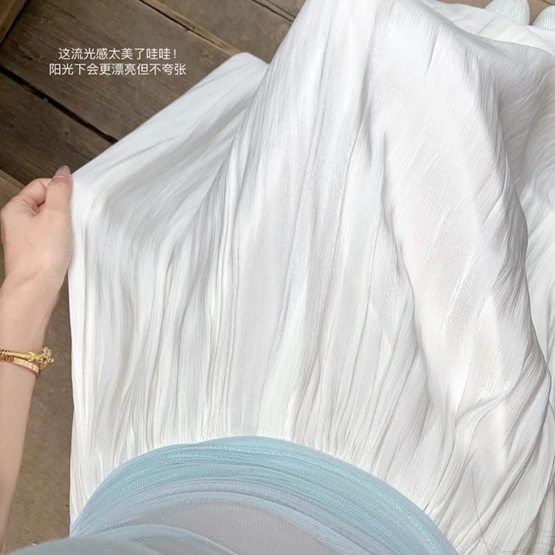 白色缎面流光纱半身裙女夏季高腰垂坠感大摆百褶a字半裙长款裙子|undefined