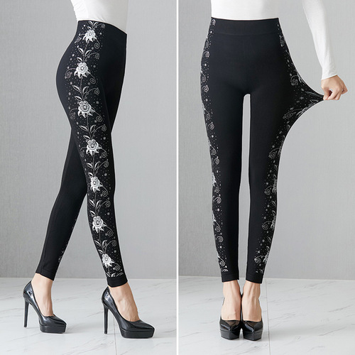 Spring and Autumn Mid-length Modal Printed Base Leggings for Women, Thin, High-Waisted, Plus Size, Seamless, Gold-Plated, Highly Elastic, Cropped Pants