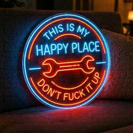 跨境This Is My Happy Place Garage Sign快乐天地霓虹风格木挂牌