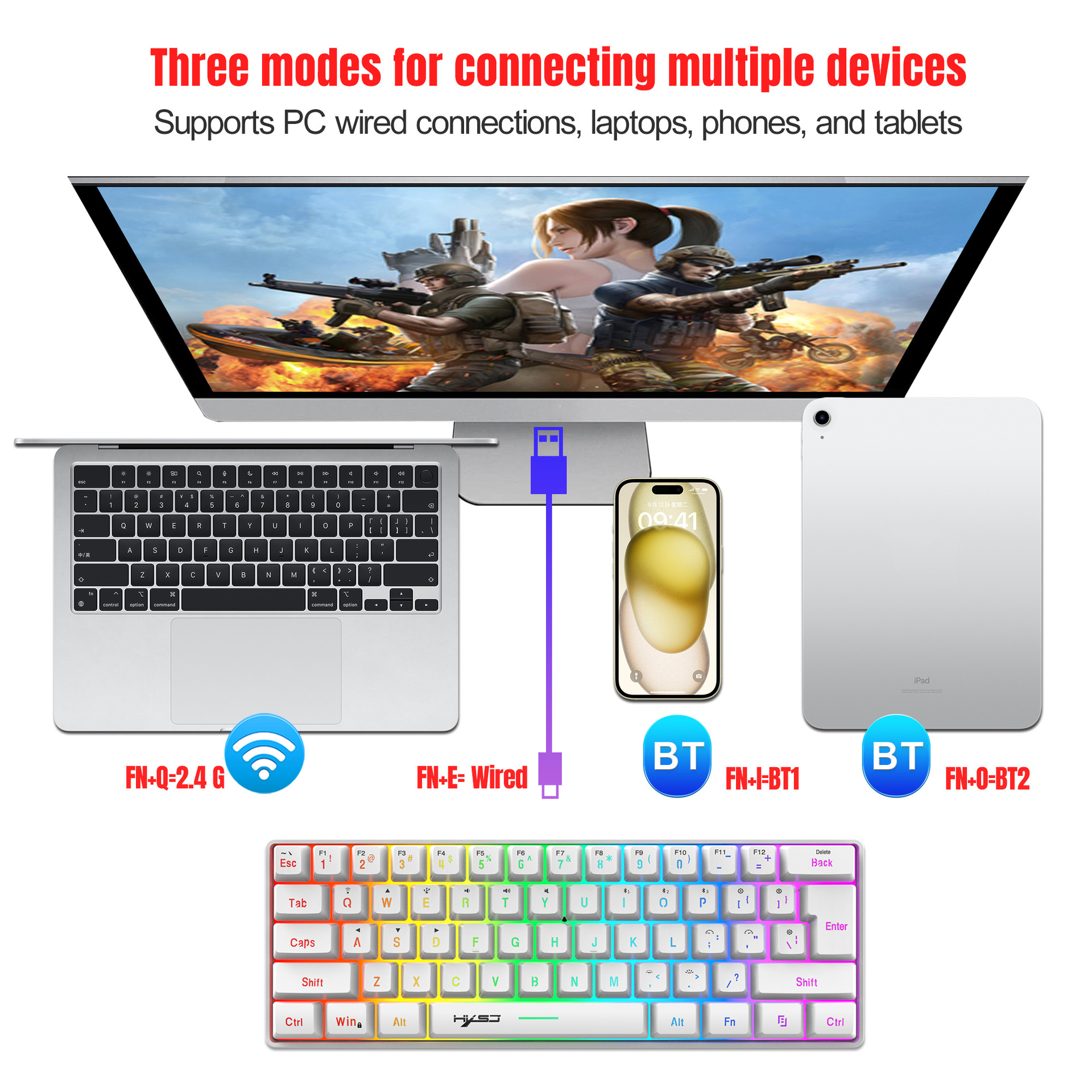 L500 de tres modos de 61 teclas RGB con cable inalámbrico Bluetooth teclado de membrana compacto inyección de dos colores ABS transfronterizo en stock
