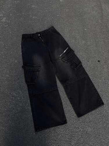High Street Trendy Zipper Pouch Workwear Jeans for Men - Spring and Autumn New Arrival Loose Hip-Hop Floor-Length Wide Leg Pants