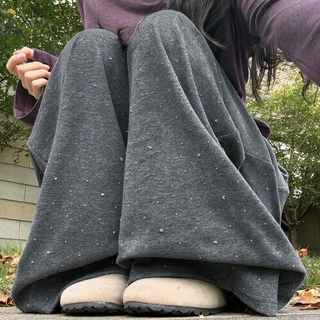 慵懒风烫钻闪闪裤女秋新款松紧腰软糯宽松休闲裤显瘦小个子阔腿裤