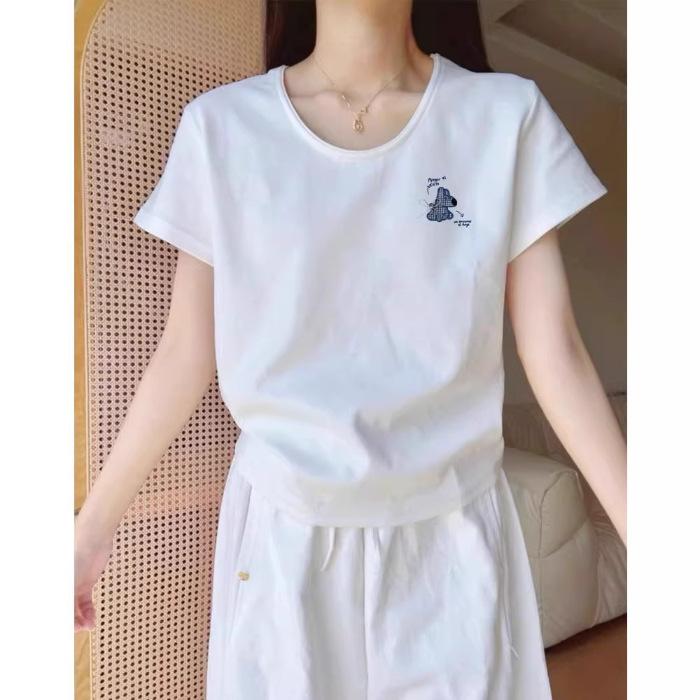 プリントホワイトUネックショルダー半袖Tシャツレディース夏新作ビッグネックライン純綿Tシャツゆったり年齢軽減トップ
