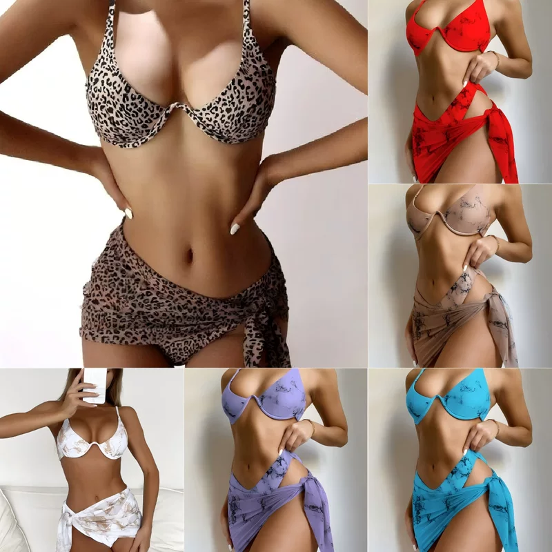 Комплект, сексуальный мраморный купальник, европейский стиль, комплект из 3 предметов