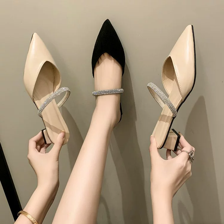 Тапочки на блочном каблуке со стразами во французском стиле с острым носком, женские сандалии, верхняя одежда на полу-санках, летние и осенние сандалии больших размеров с закрытым носком 2022 года