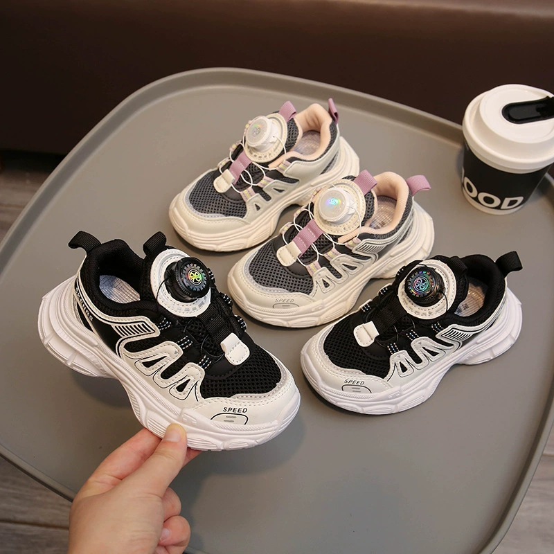 Обувь для девочек, кроссовки, 2023 летняя новая детская сетчатая обувь, сетчатая дышащая Белая обувь для девочек с вращающейся пряжкой для студентов