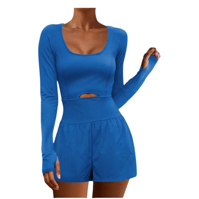 Transfronterizo europeo y americano sexy Hollow deportes ropa de mujer Amazon cintura-apretado moda manga larga al aire libre color sólido bolsillo mono