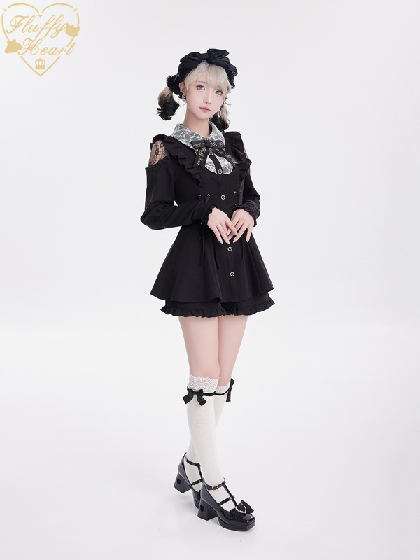 暗黑日系蕾系少女感蕾丝拼接收腰显瘦连衣裙高腰显瘦荷叶边短裙|undefined