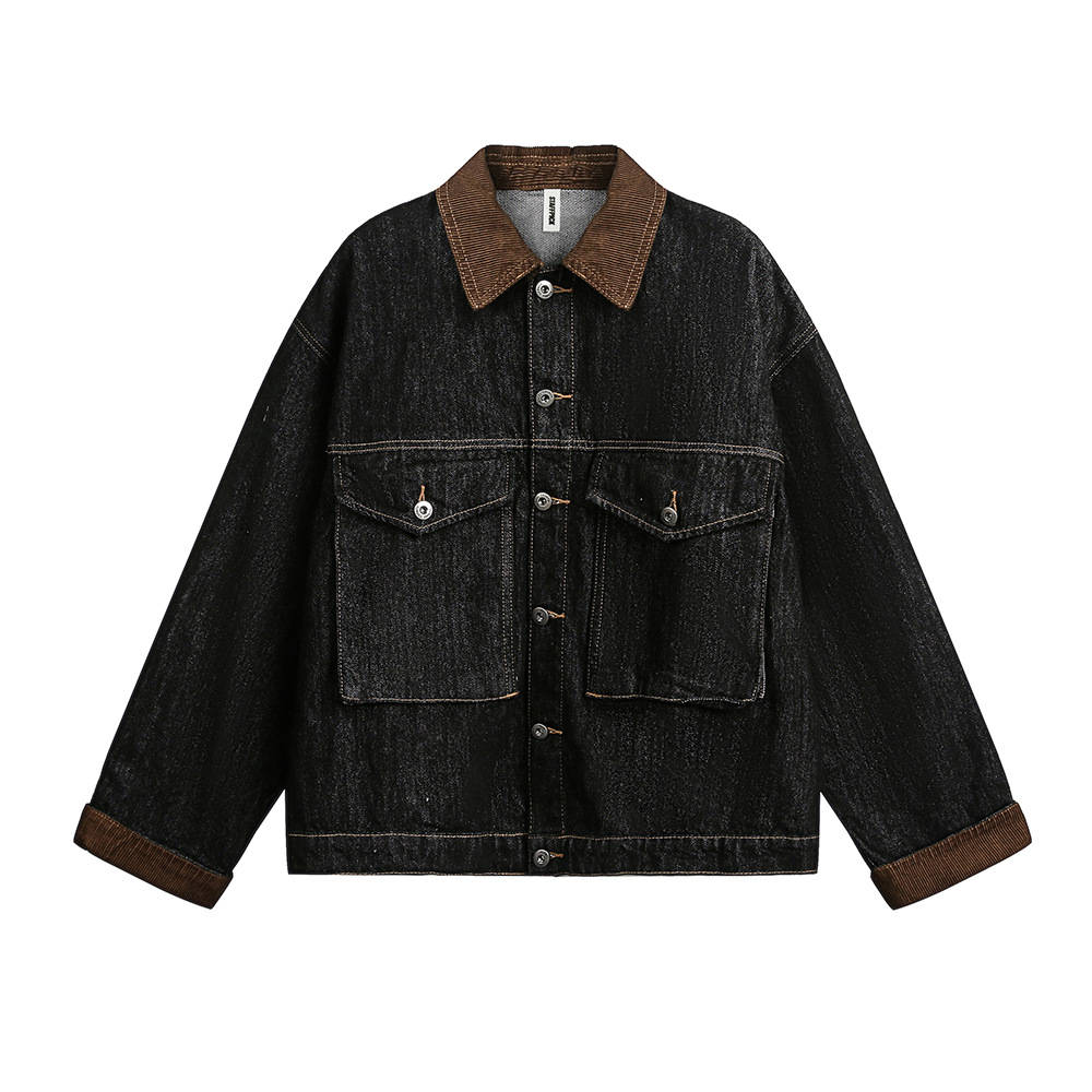 Men's Spring & Fall Short Work Jacket American High Street Design Stitching Contrasting Lapel Large Flap Pocket Pants Denim Jacket