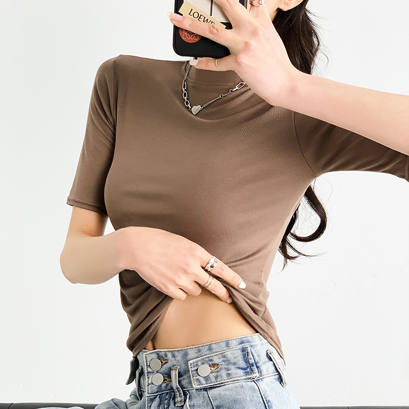 H525 七分袖スモールスタンドカラー Tシャツレディース夏薄手スリムボトムシャツ半袖インナー痩身トップミッドスリーブレディース|undefined