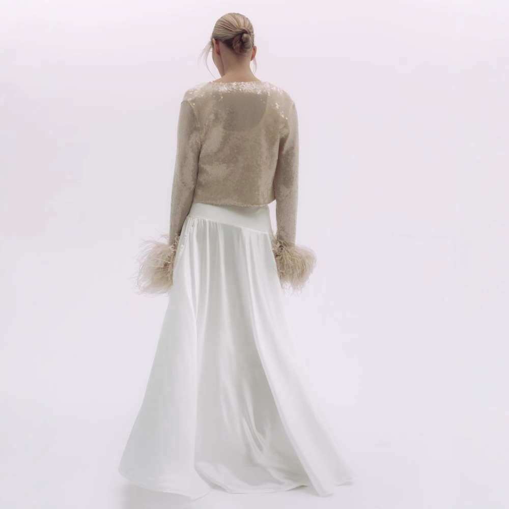 2025 nuevo traje de manga larga, delgado, diamante de imitación europeo y americano, estilo de discoteca súper flash, top de plumas sexy de moda