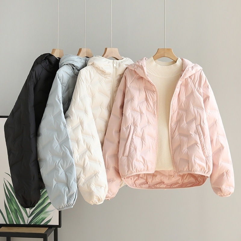 경량 다운 재킷 여성용 짧은 작은 새 양각 후드 뉴 겨울 화이트 오리 다운 따뜻한 슬림 재킷