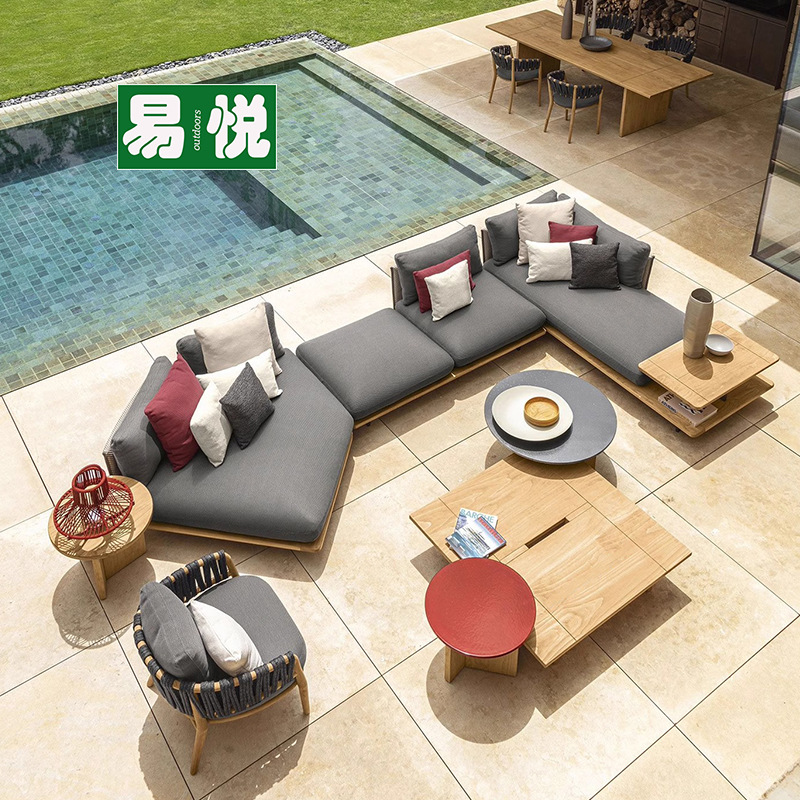 Sofá de teca al aire libre patio exterior impermeable protección solar cuerda muebles tejidos B & B hotel villa terraza sofá de madera maciza