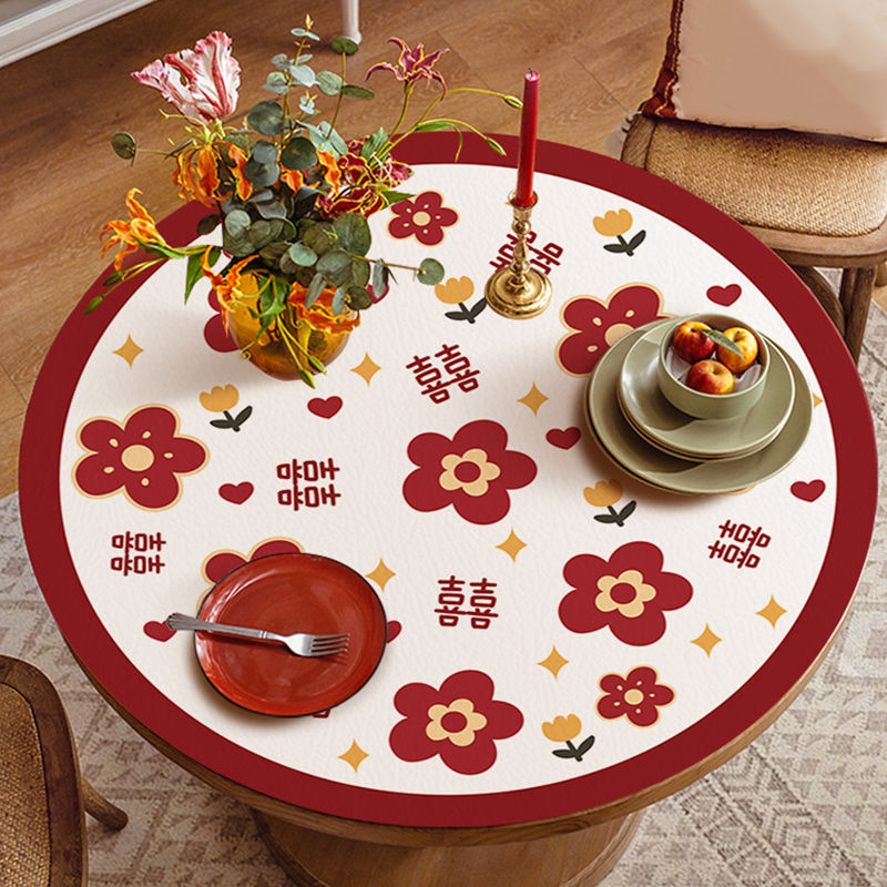 小清新红色花卉防水防油台布家用结婚装饰餐桌垫免洗皮革防烫桌布