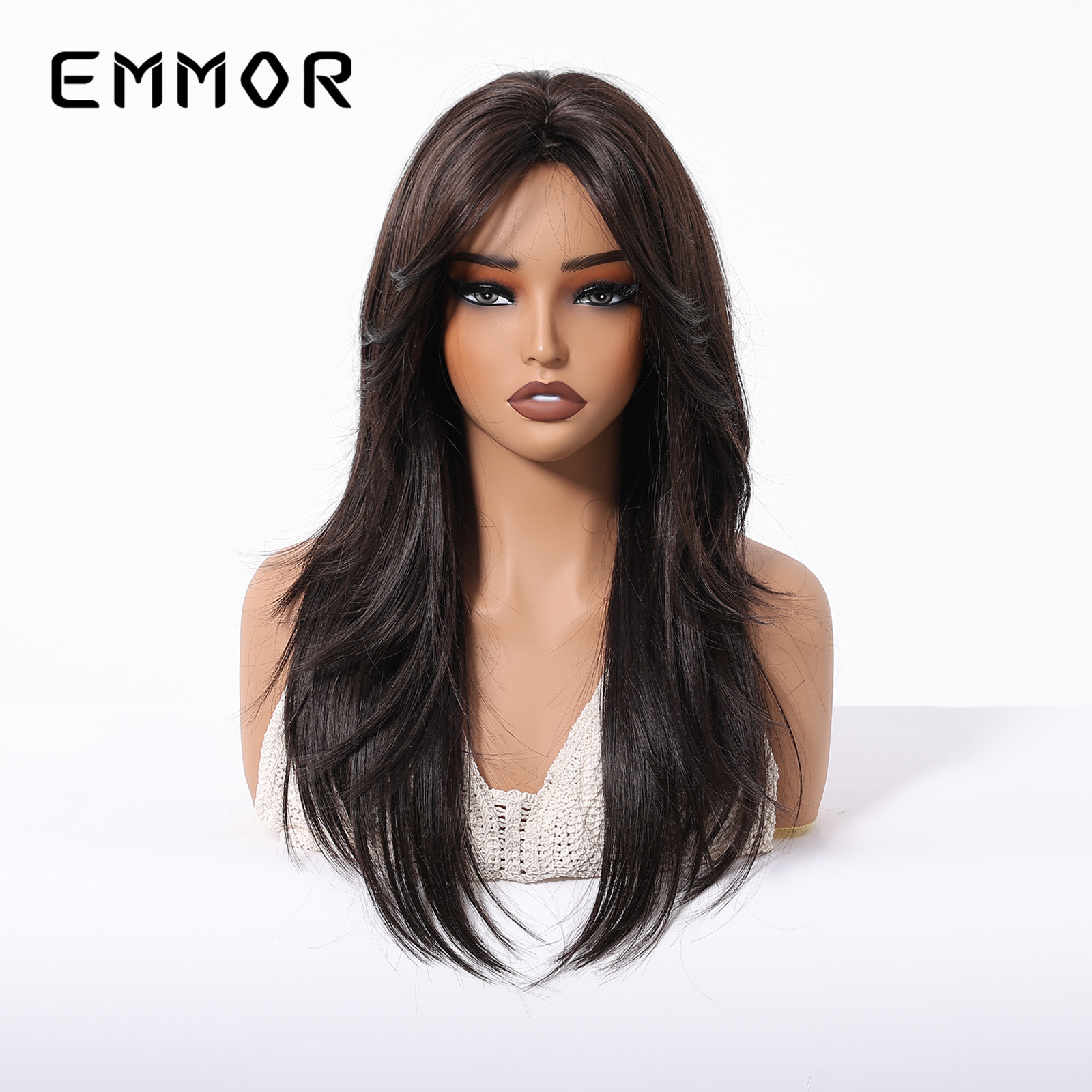 Nuevos productos de comercio exterior transfronterizo, flequillo de ocho caracteres, corte facial, cabello largo negro natural de alto nivel, peluca ligeramente rizada, tipo de cabello completo