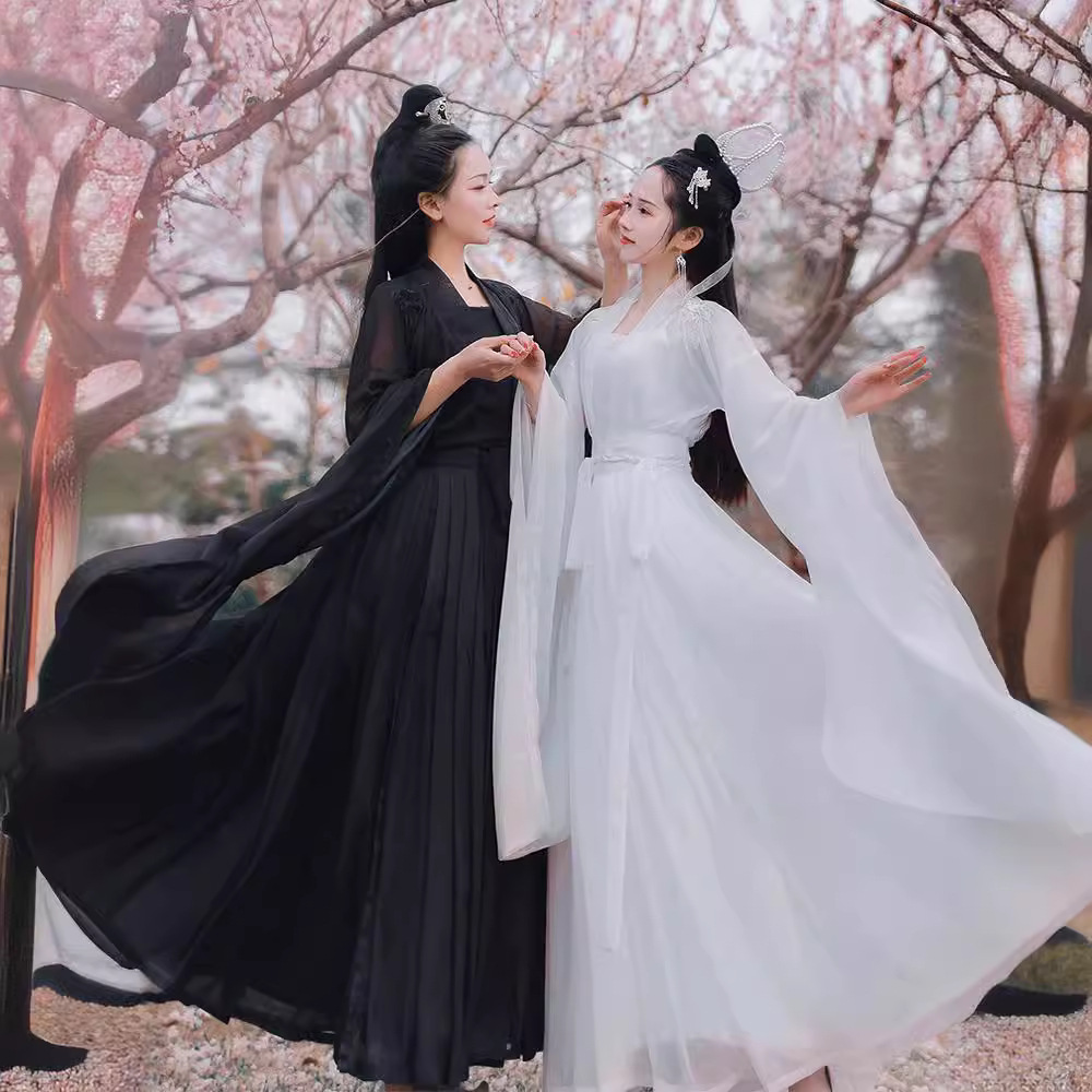 琴瑟和鸣汉服黑色白色交领齐腰大袖衫广袖裙夏季仙气新中式禅意