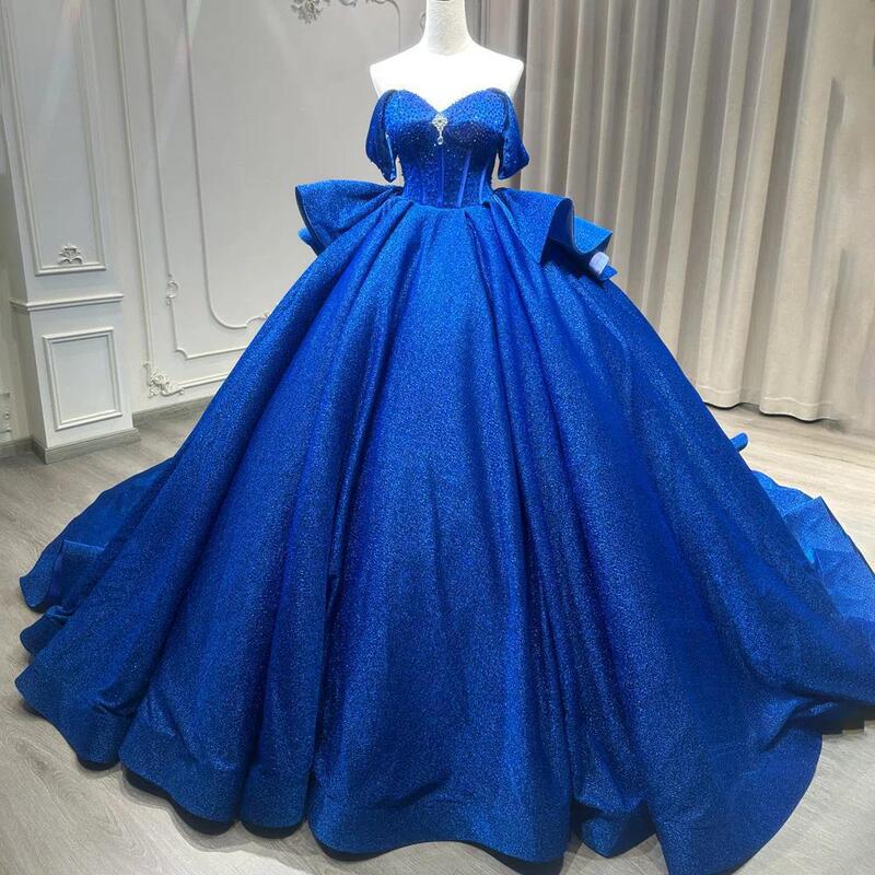 European and American Royal Blue Adult Ceremony Dress Ball Gown Off-Shoulder Shiny Silk Train Large Skirt Beaded Evening Dress