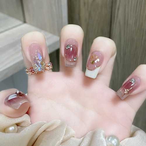 雅婕娜-爱心晕染极光彩钻芭蕾款显白美甲成品可拆卸穿戴甲Nails