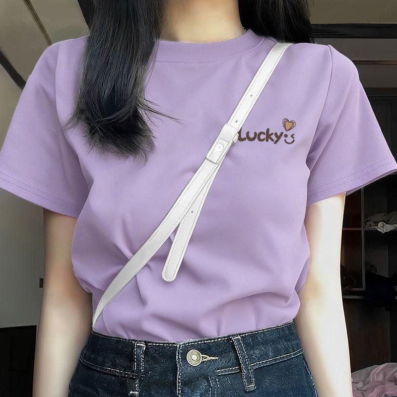 Fat Girl's Summer Must-Have Simple Casual Letter Design Printed New Round Neck Short-Sleeved Pure Cotton T-Shirt Top for Women