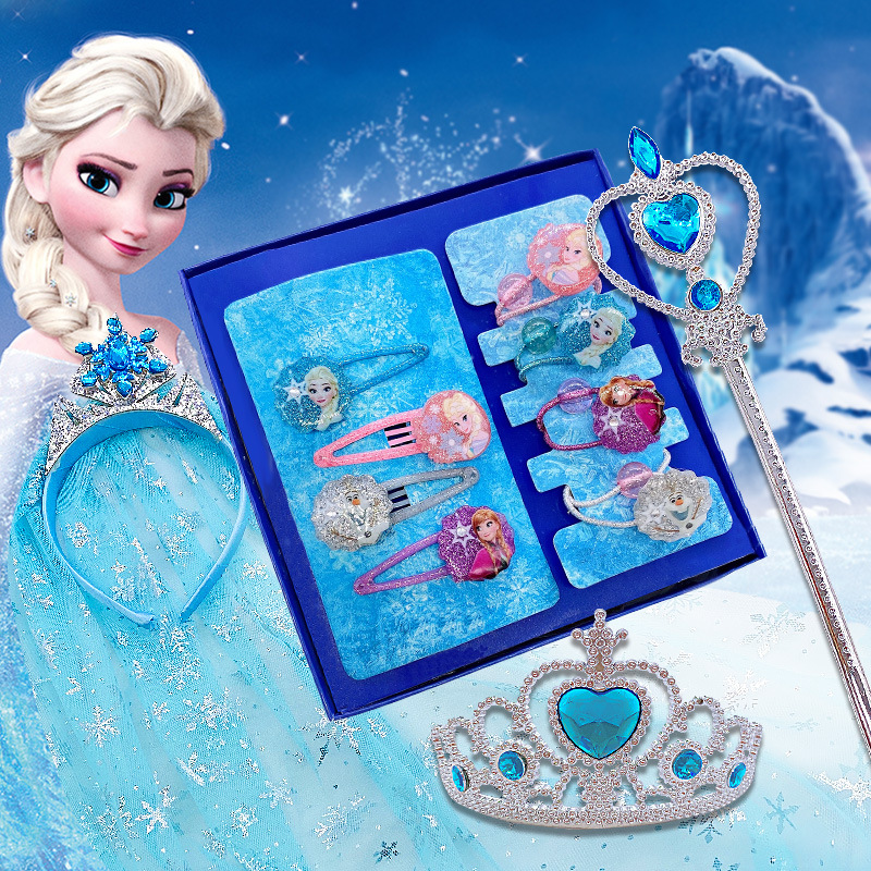 Princess Elsa Bow Hair Accessories Girls' Hairpin Crown Headdress Ice Fake Braid Magic Wand Birthday June 1 Gift Box