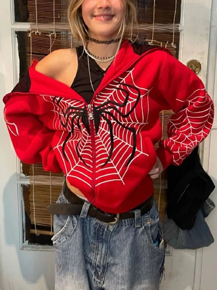 Neuer grenzübergregender europäischer & amerikanischer INS Herbst-Winter Streetwear Hoodie mit Spinnennetz-Print und durchgehendem Reißverschluss für Damen – Detail 2