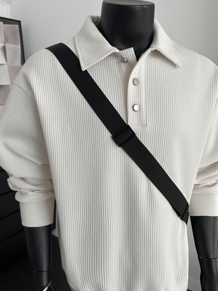 American-style Trendy Solid Color Waffle Knit Old Money Style 2026 Spring New Polo Collar Long-sleeve Sweatshirt, Unisex_voghion.com